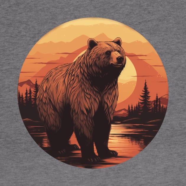Retro Sunset Bear in Canadian Forest by HBfunshirts